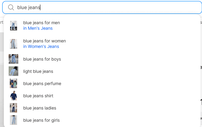 Screenshot of flipkart search bar with the term "blue jeans" and reccomended long-tail keywords from Flipkart